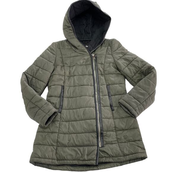 Sam Edelman Coat Women Small Green Quilted Puffer Asymmetrical Zip Hooded Jacket - Picture 1 of 7